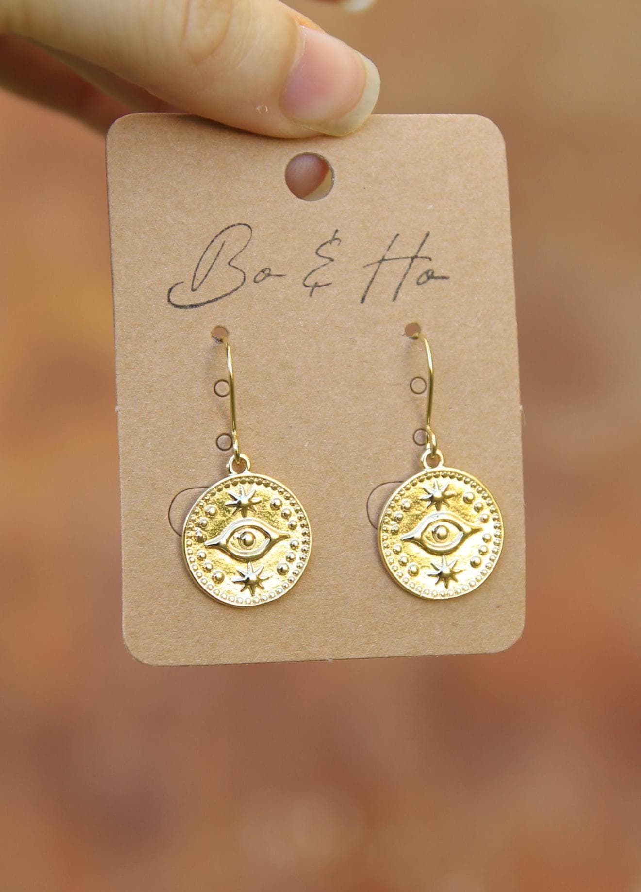 Gold Coin Dangle Earrings | Boho Eye and Star Design | Handmade Spiritual Jewellery
