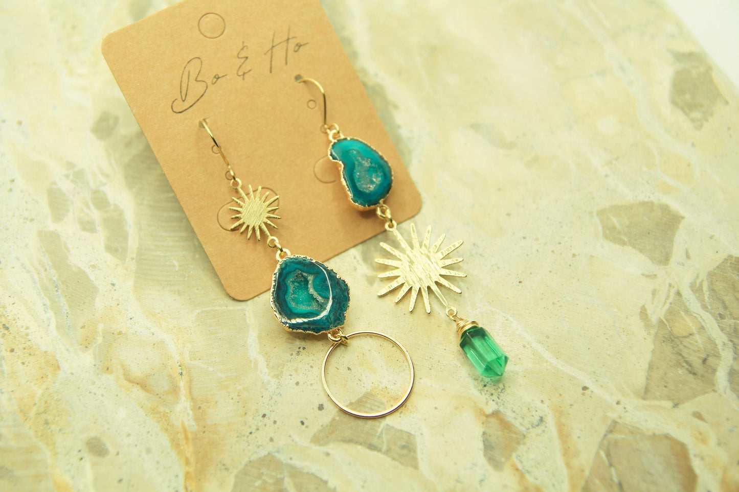 Celestial Asymmetrical Geode Earrings | Teal Green Druzy Crystal | Gold Plated Statement Earrings