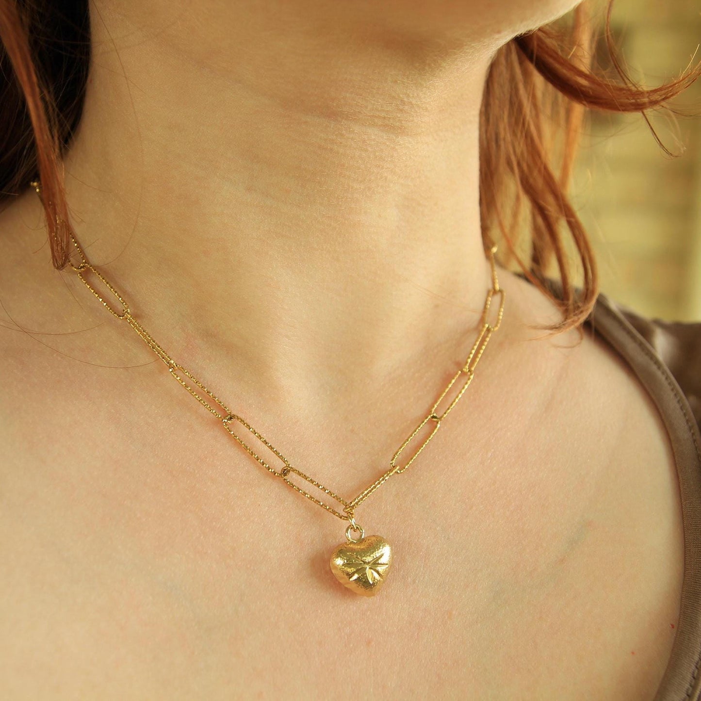 Gold Puffy Heart Necklace • Textured Sparkle Chain • Chunky Gold Heart Charm