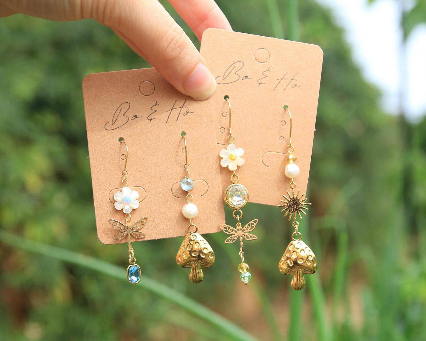 Mismatched Earrings Gold | Shell Flower Dragonfly Pearl Mushroom | Opal Crystal | Cottagecore Whimsical Jewellery