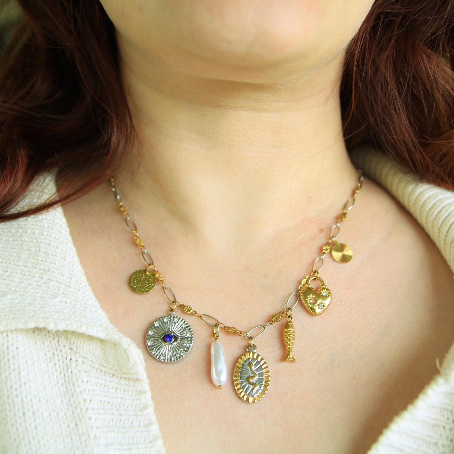 Mixed Metal Two Tone Charm Necklace: Eye, Heart, Moon, Fish, Snake, Pearl | Handmade Stainless Steel