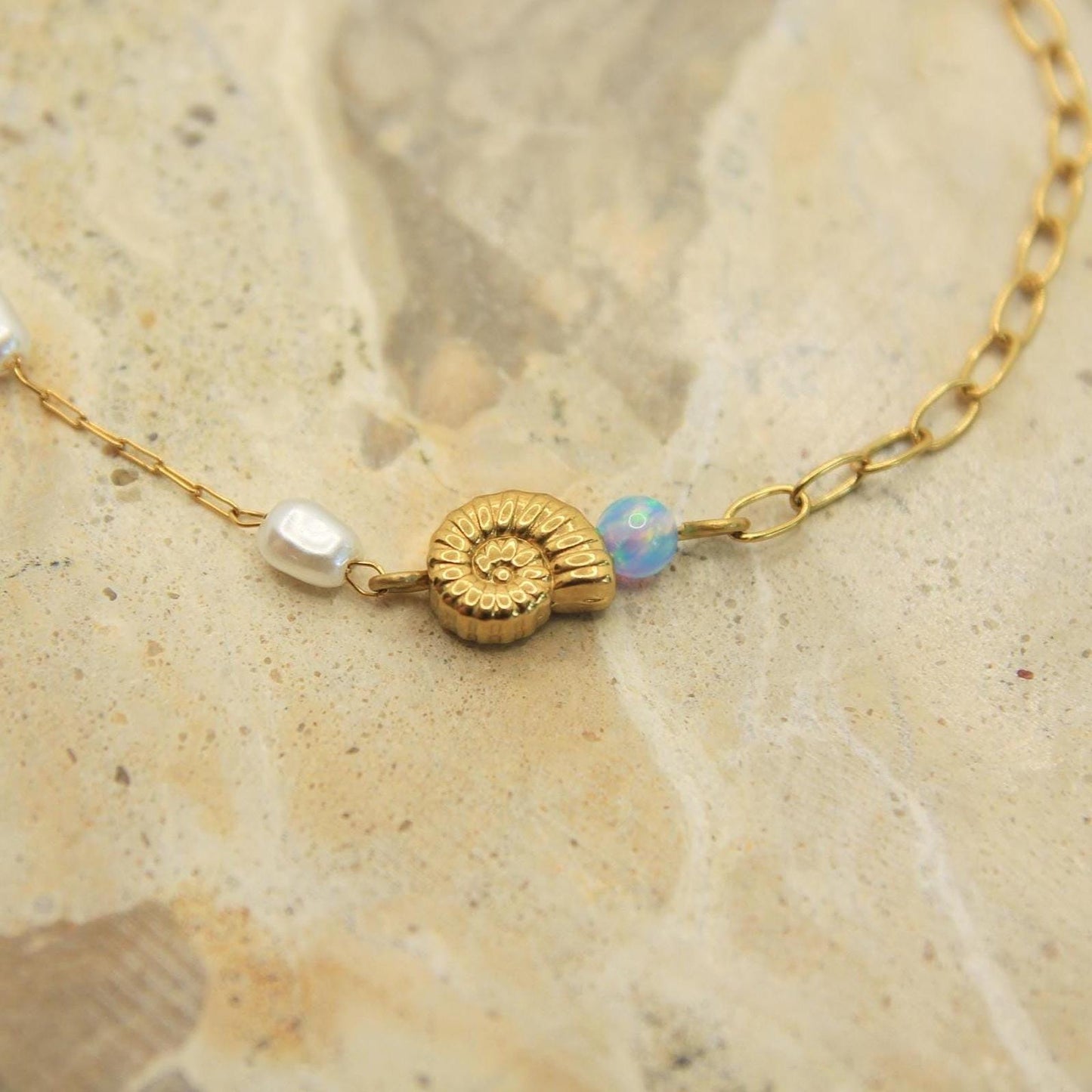 Opal Pearl Shell Bracelet Gold • Nautilus Charm • Waterproof Stainless Steel • Coastal Dainty Bracelet