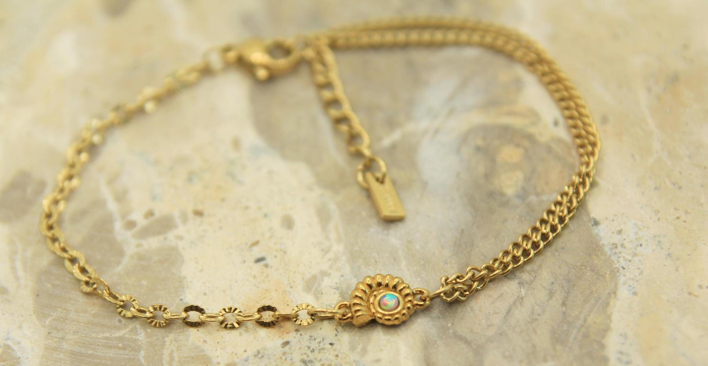 Gold Opal Nautilus Shell Charm Bracelet | Layered Chain Bracelet | Adjustable