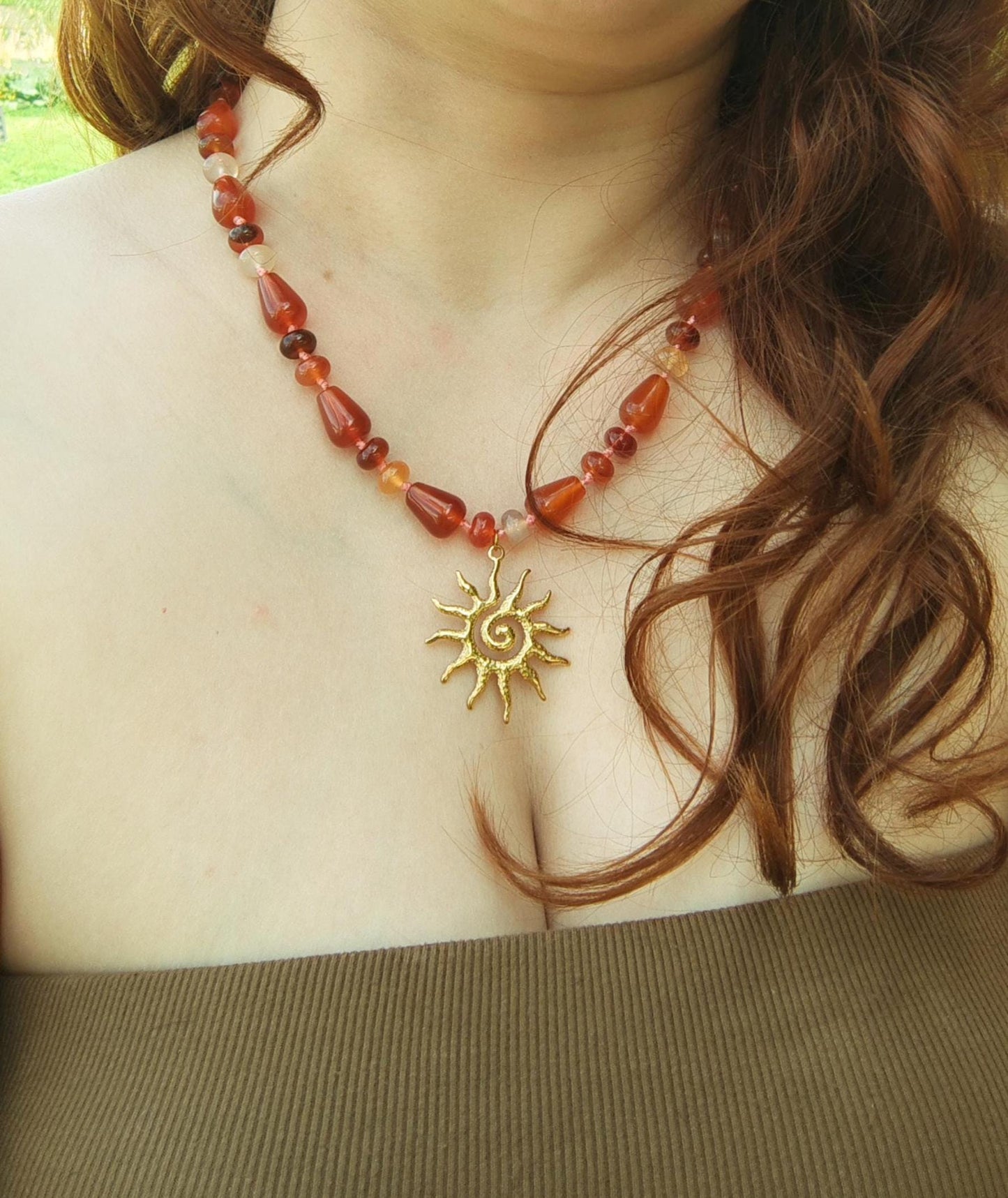 Genuine Gemstone Beaded Necklace | Gold Sun Spiral Pendant | Boho Statement Necklace