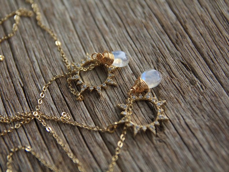 Gold Sun Moonstone Lariat Necklace