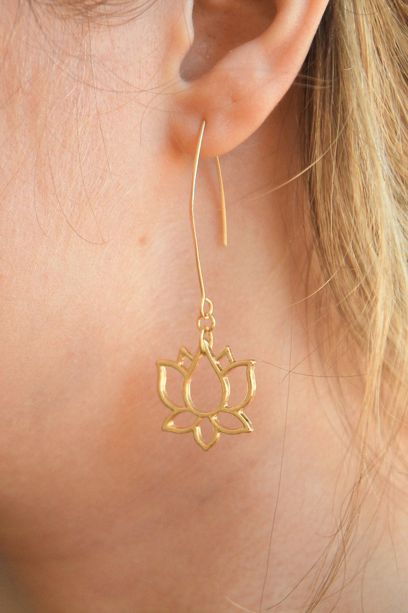 Long Gold Lotus Earrings