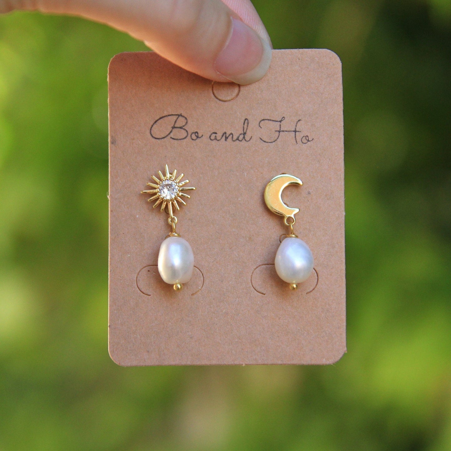 Asymmetric Gold Star and Moon Pearl Earrings