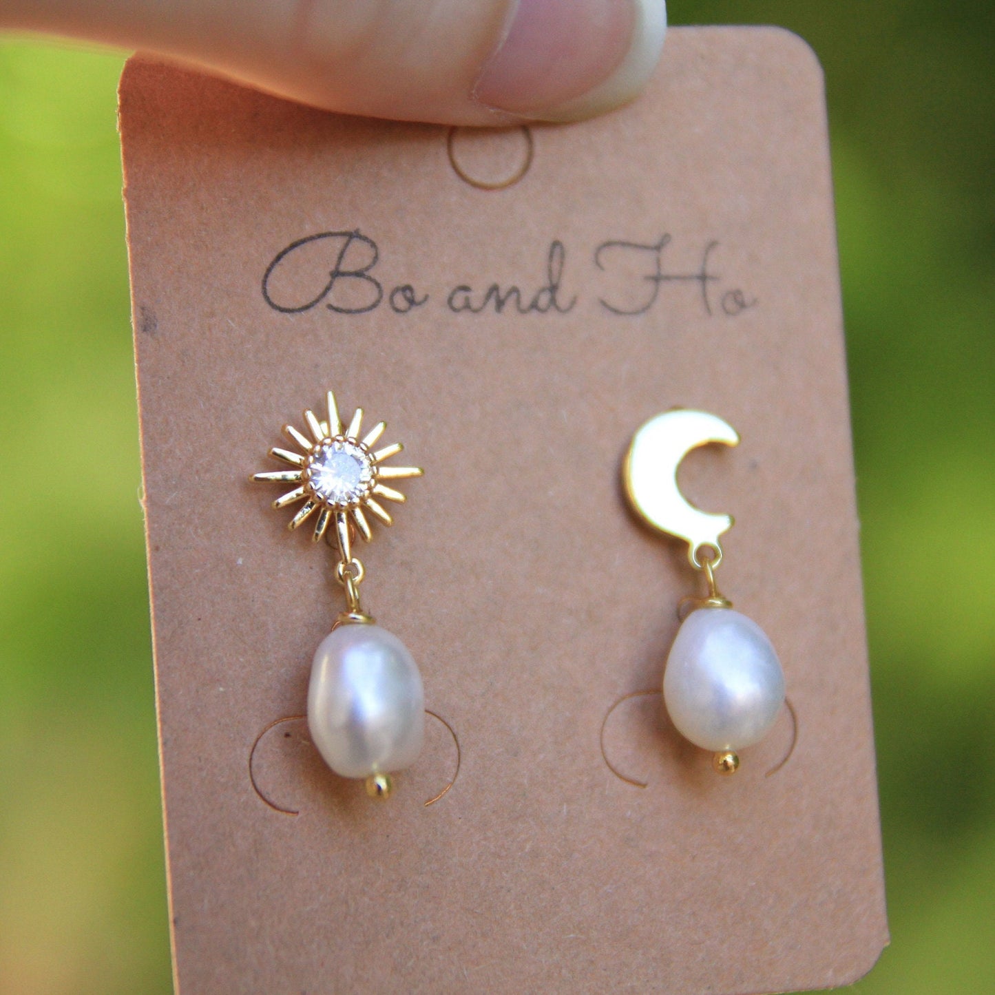 Gold Asymmetric Star Moon Pearl Earrings