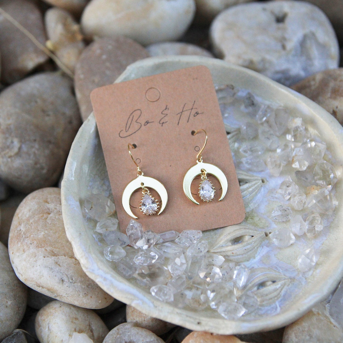 Modern Gold Cubic Zirconia Moon Earrings