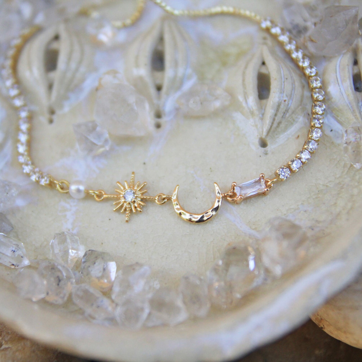 Cubic Zirconia Star and Moon Bracelet