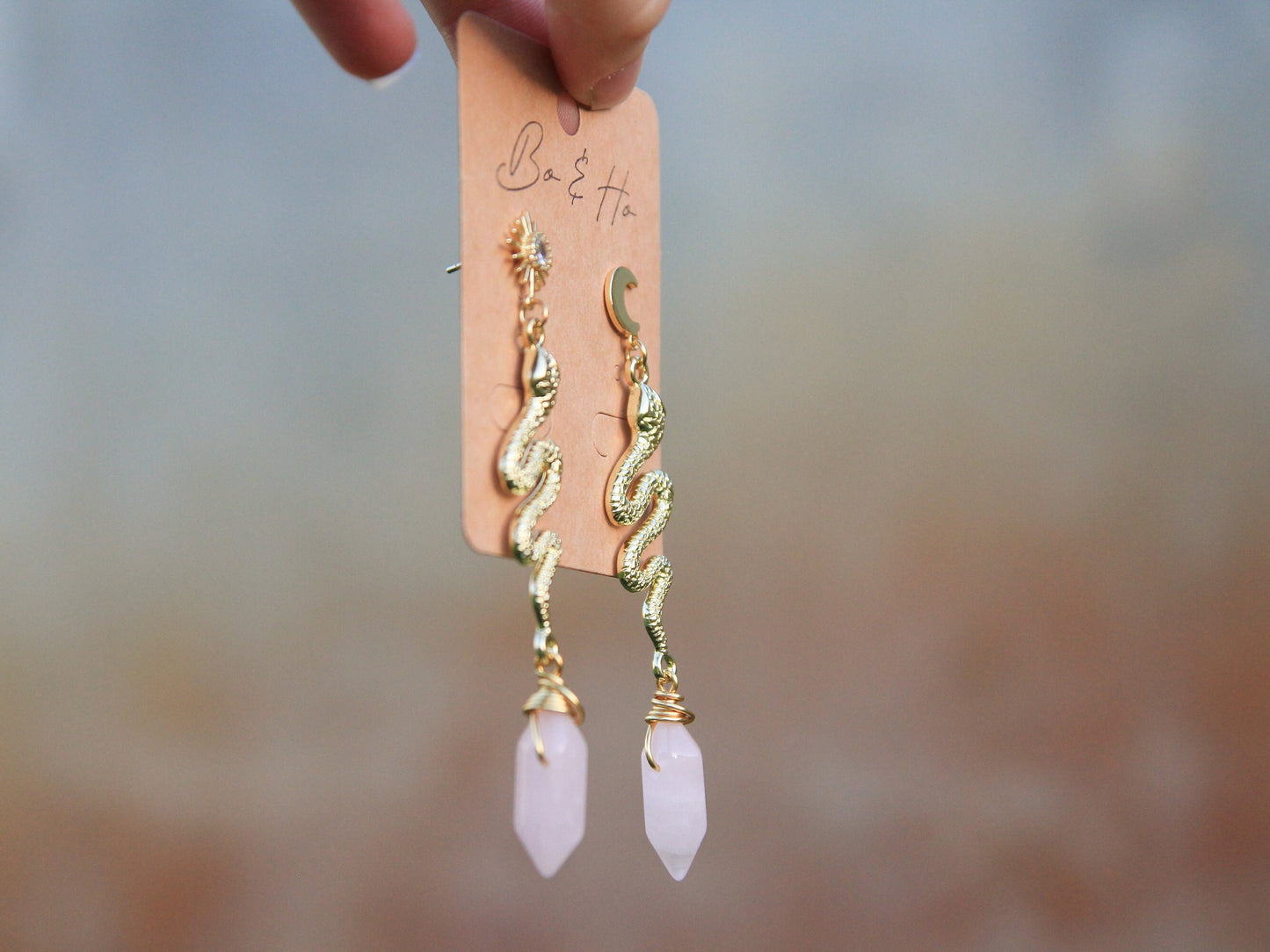 Natural Rose Quartz Snake Earrings