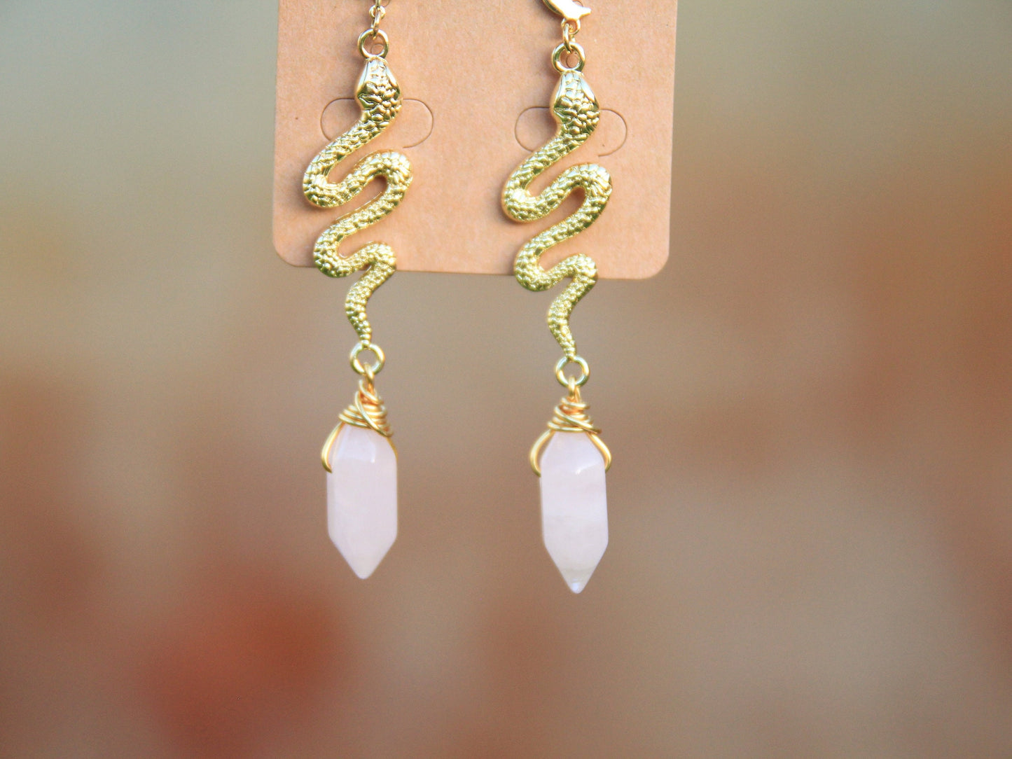 Natural Rose Quartz Snake Earrings