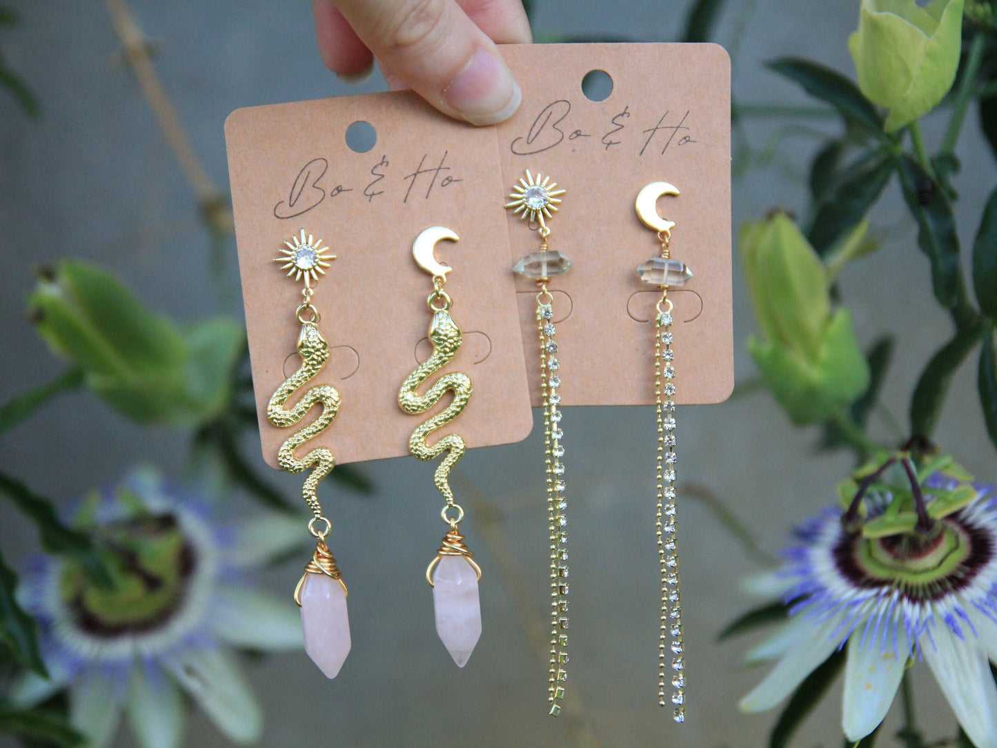 Natural Rose Quartz Snake Earrings