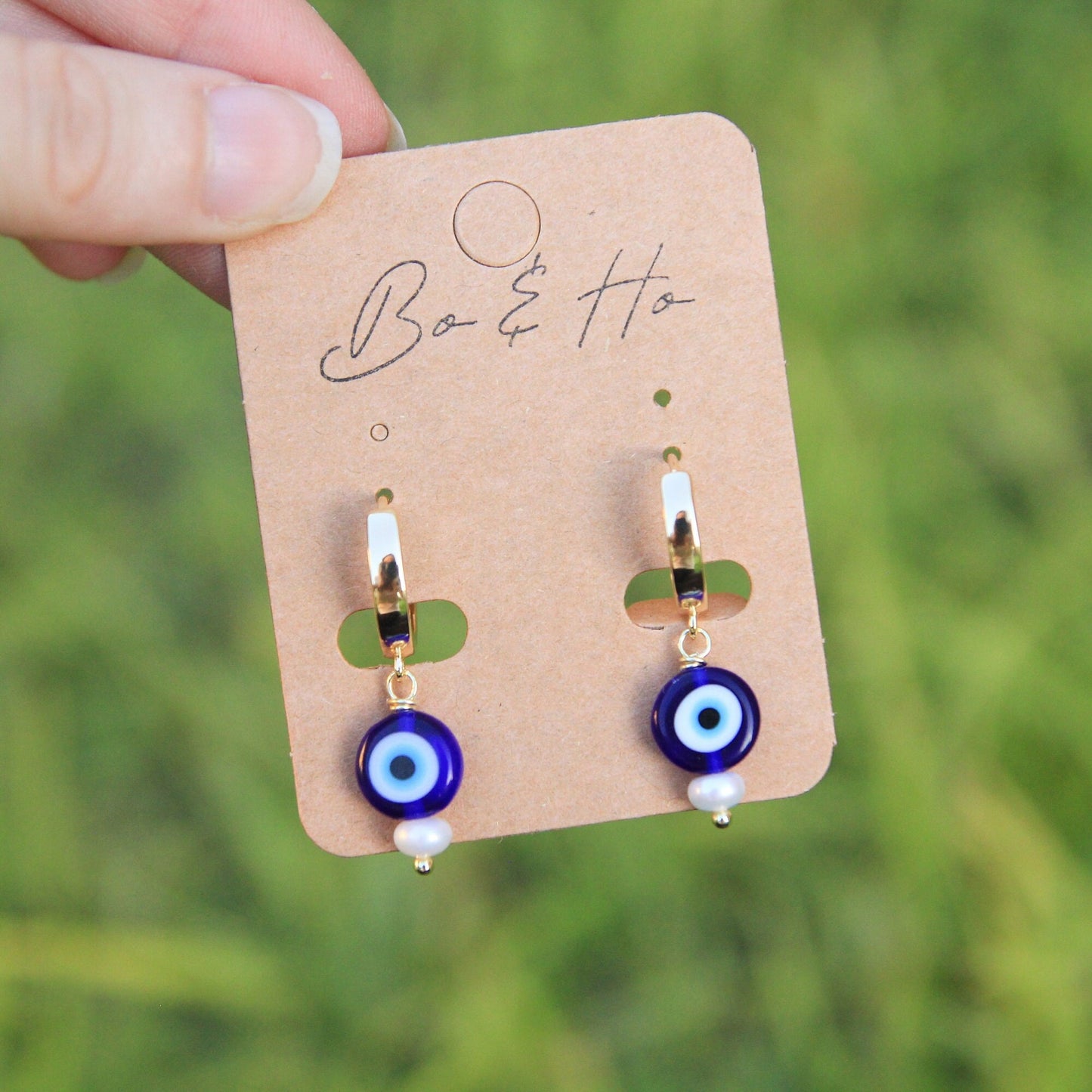 Glass Evil Eye Hoops with Freshwater Pearls
