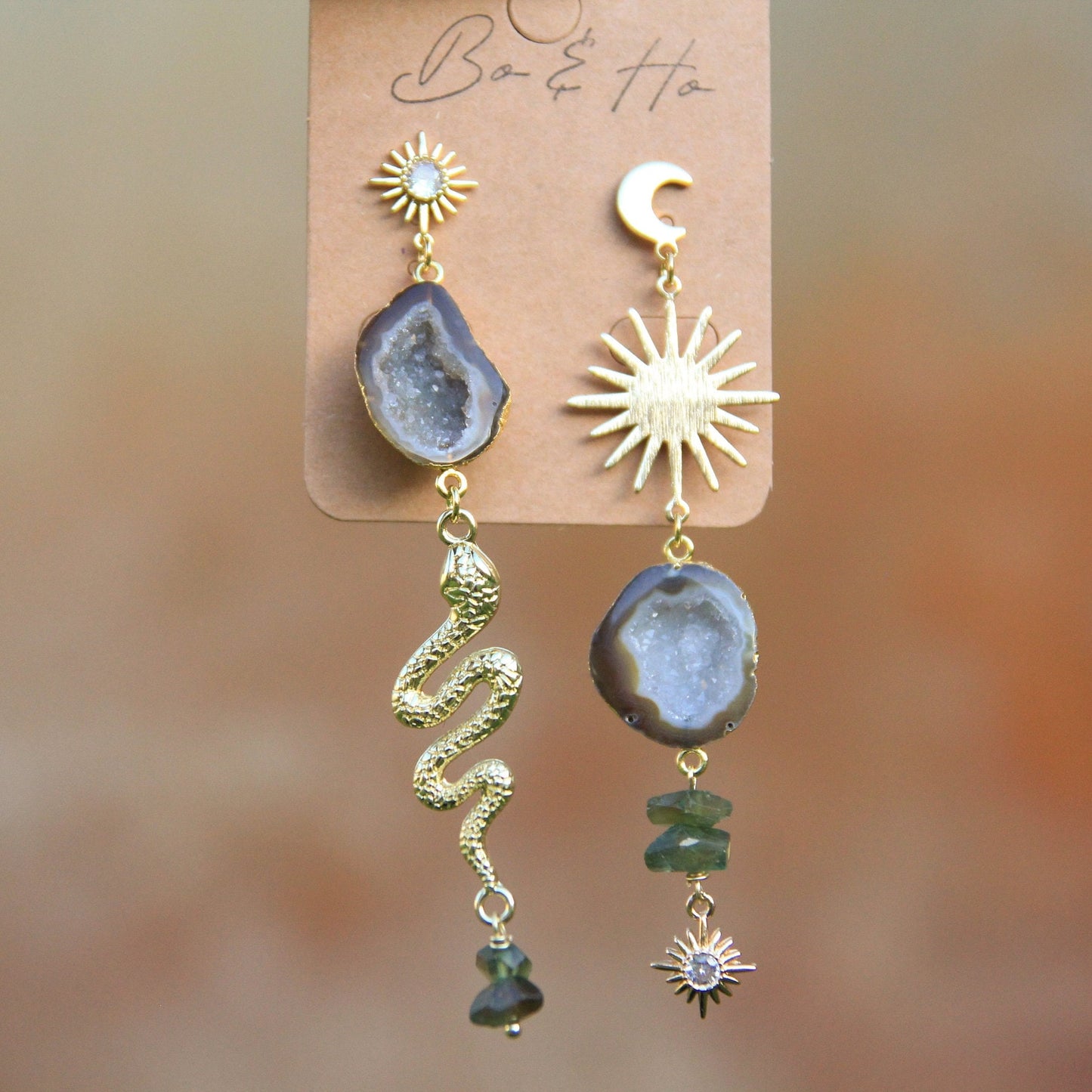 Asymmetric Brown Geode Snake Earrings with Sun and Moon