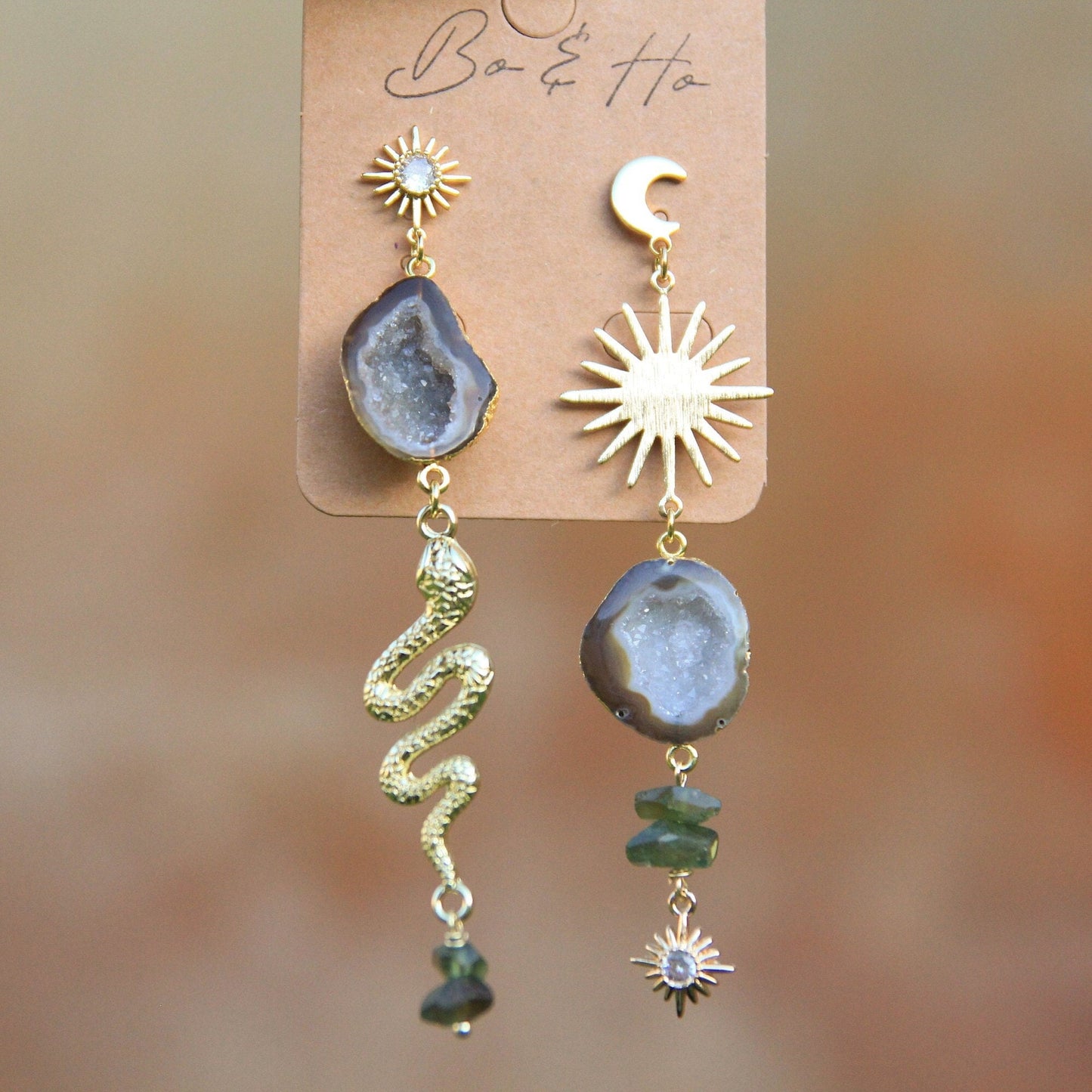 Asymmetric Brown Geode Snake Earrings with Sun and Moon