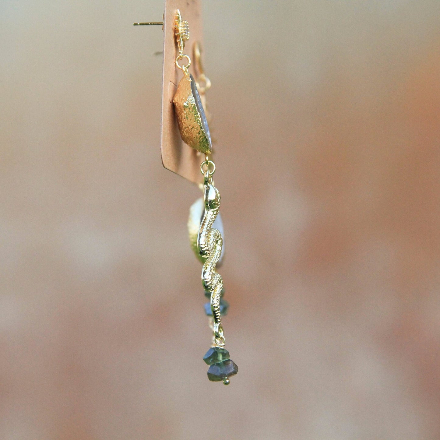Asymmetric Brown Geode Snake Earrings with Sun and Moon