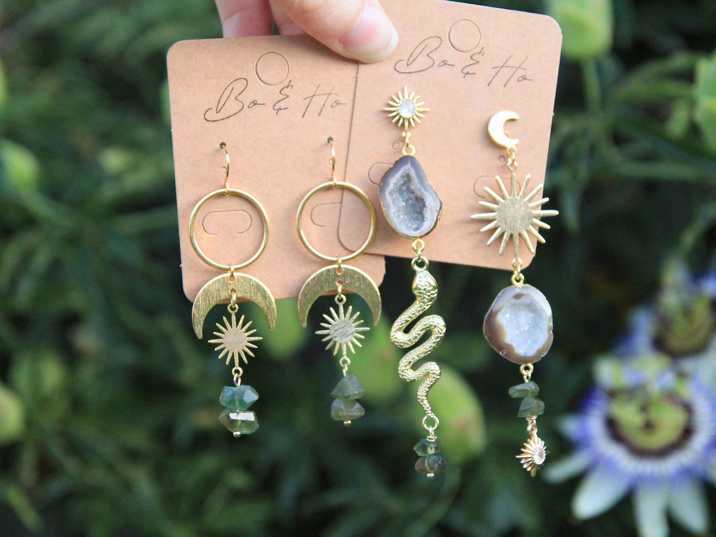 Asymmetric Brown Geode Snake Earrings with Sun and Moon