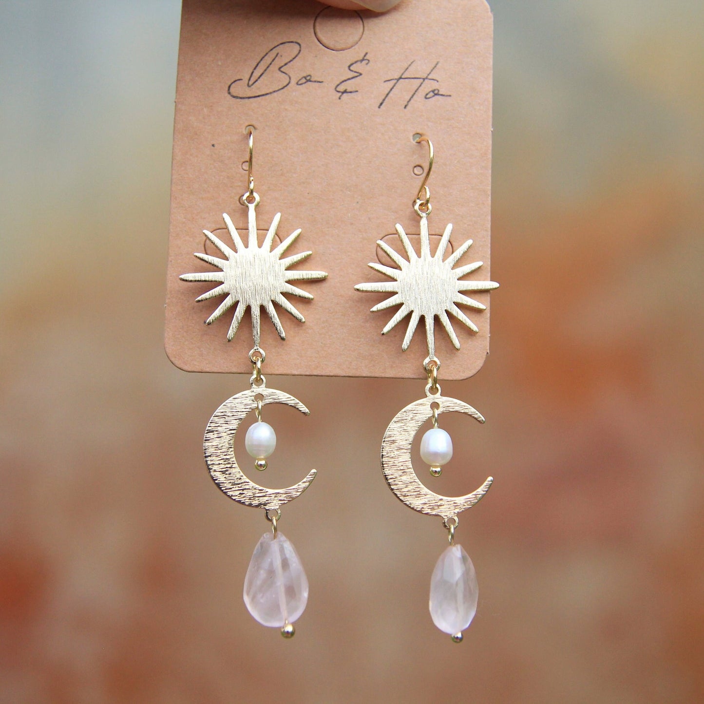 Gold Rose Quartz Sun & Moon Earrings with Freshwater Pearls