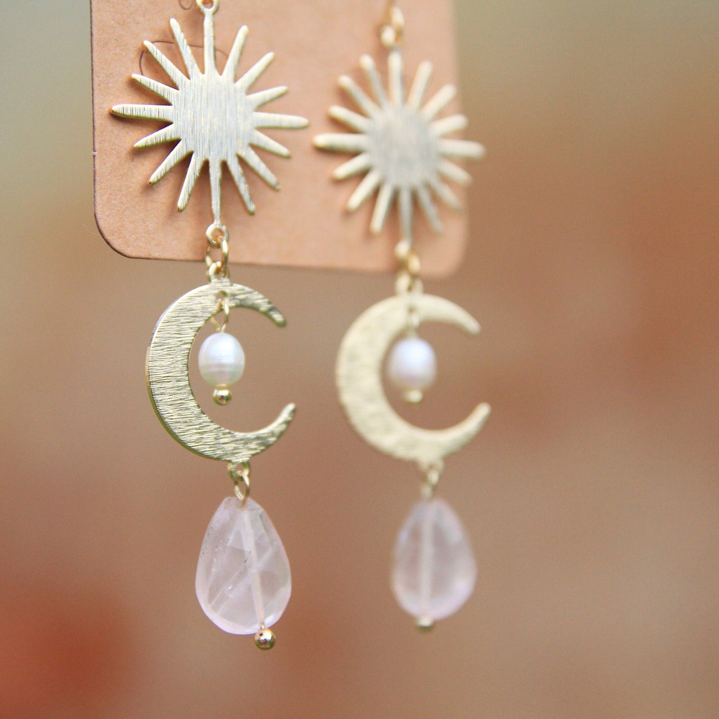 Gold Rose Quartz Sun & Moon Earrings with Freshwater Pearls
