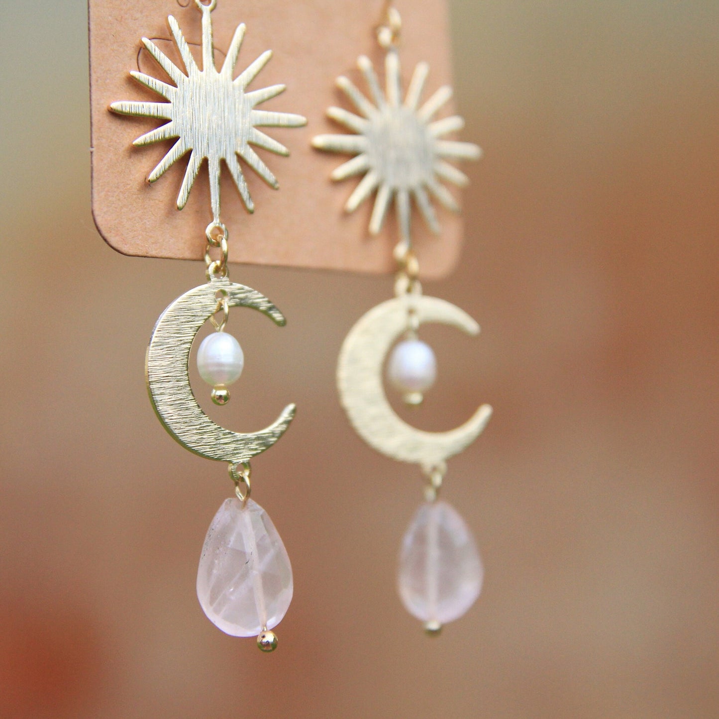 Gold Rose Quartz Sun & Moon Earrings with Freshwater Pearls
