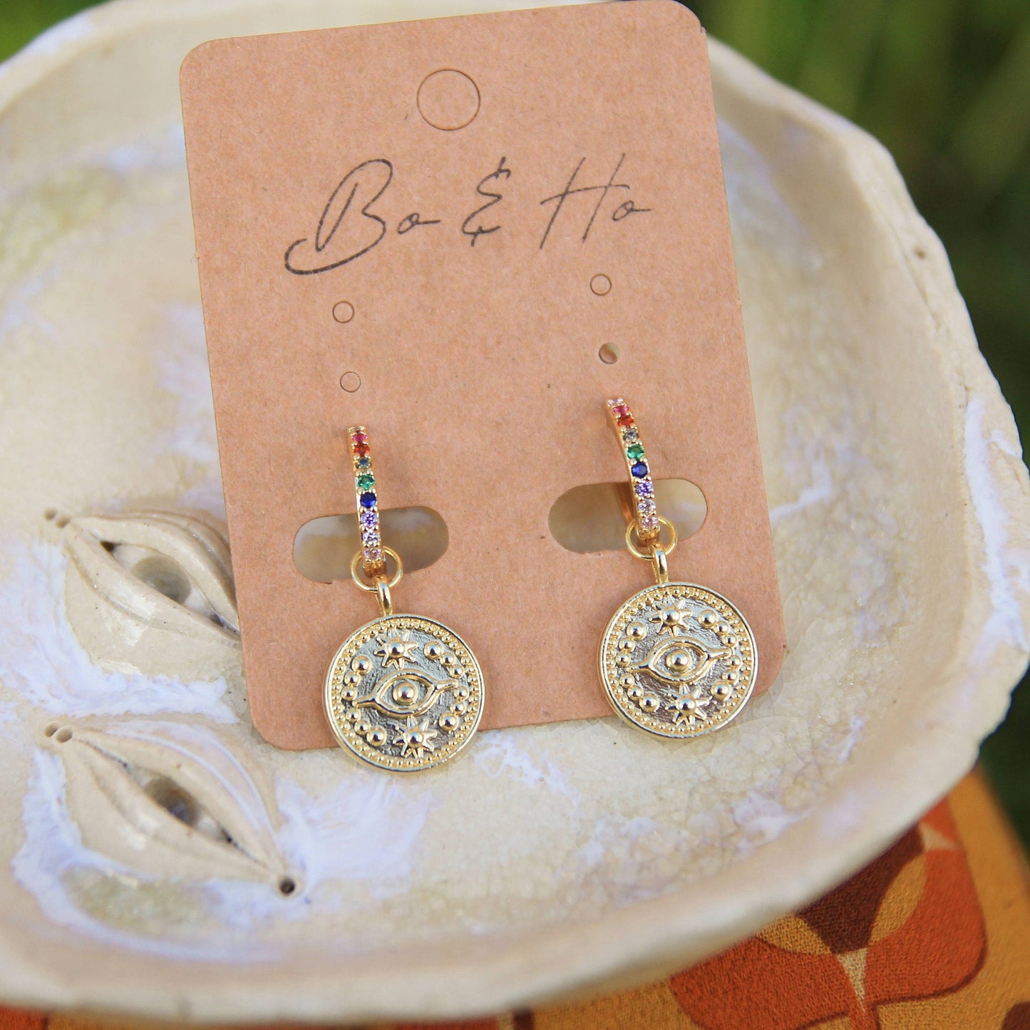 Rainbow Crystal Huggies with Eye Coins | Tarot Coin Earrings