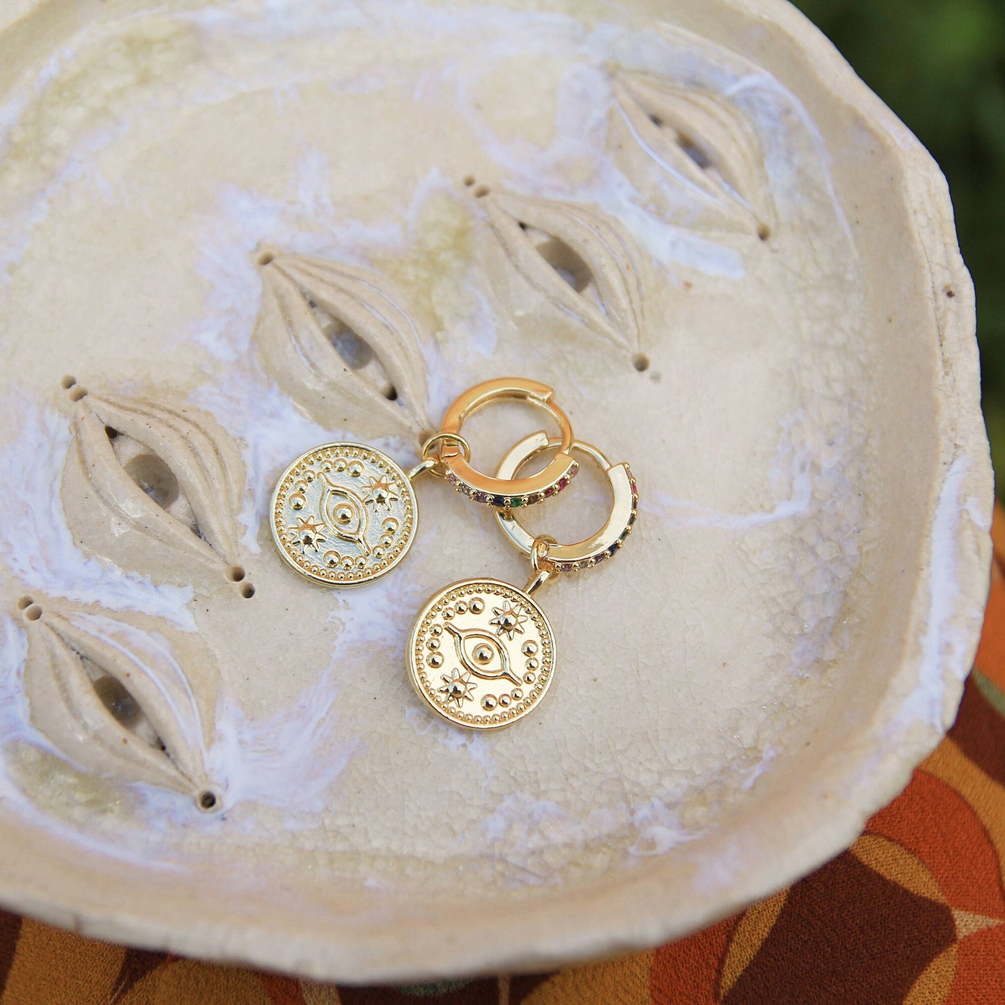 Rainbow Crystal Huggies with Eye Coins | Tarot Coin Earrings