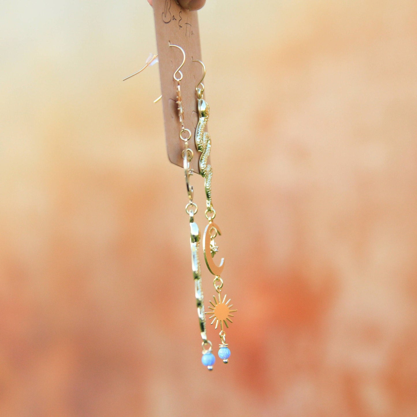 Blue Opal Celestial Snake Earrings with Sun, Moon, Stars