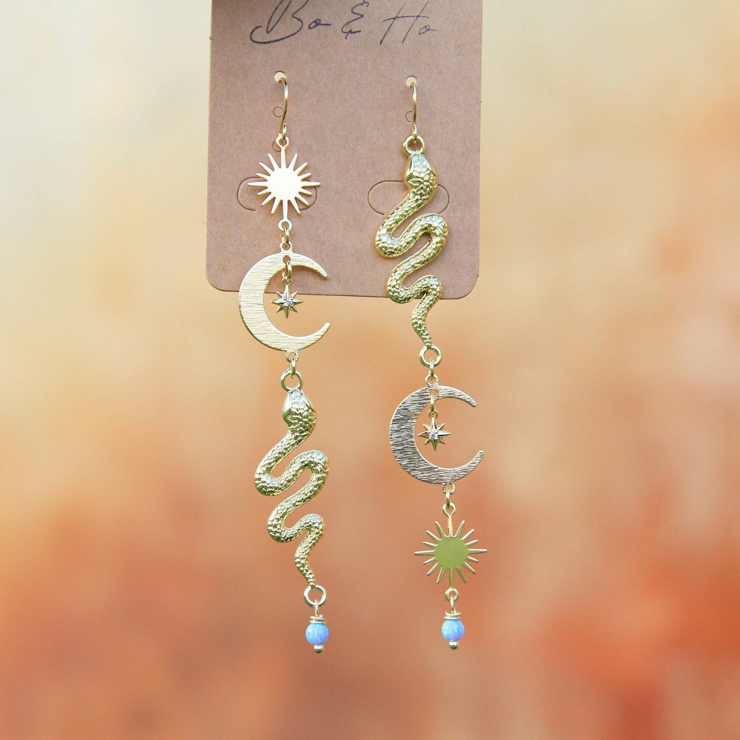 Blue Opal Celestial Snake Earrings with Sun, Moon, Stars