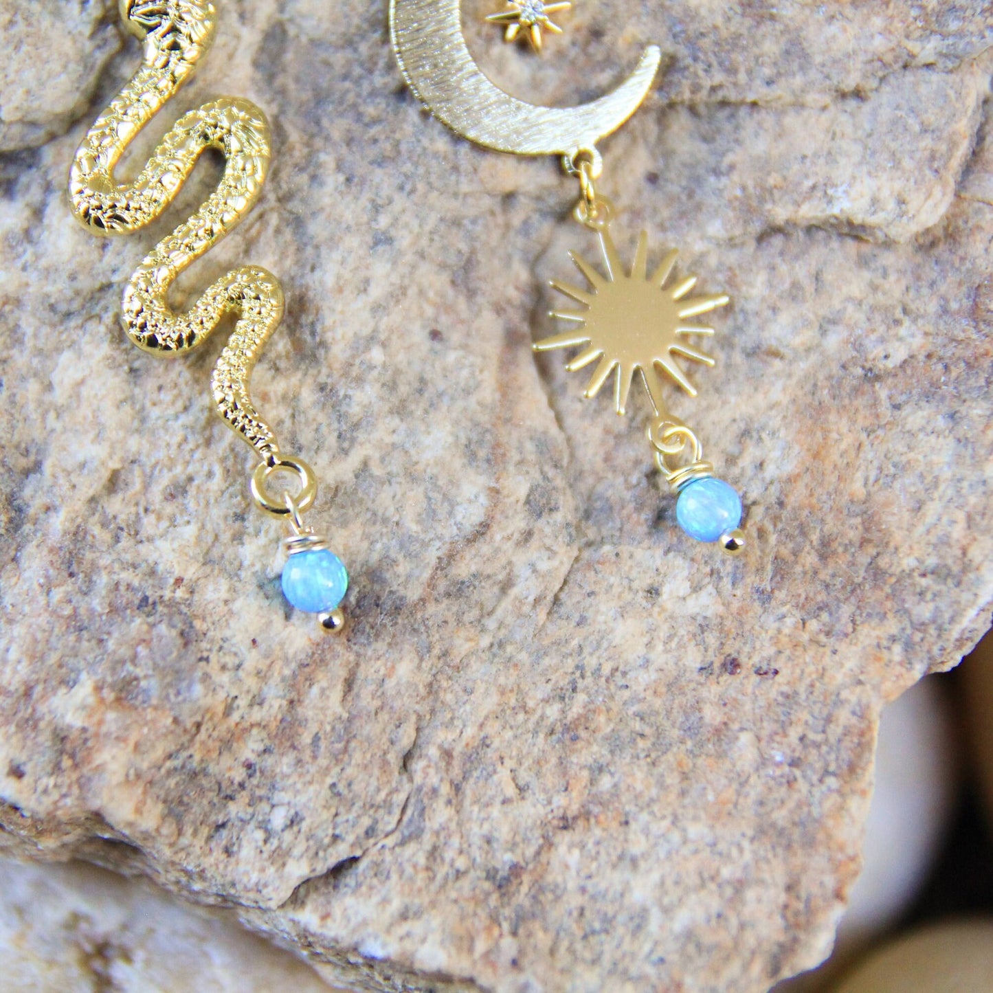 Blue Opal Celestial Snake Earrings with Sun, Moon, Stars