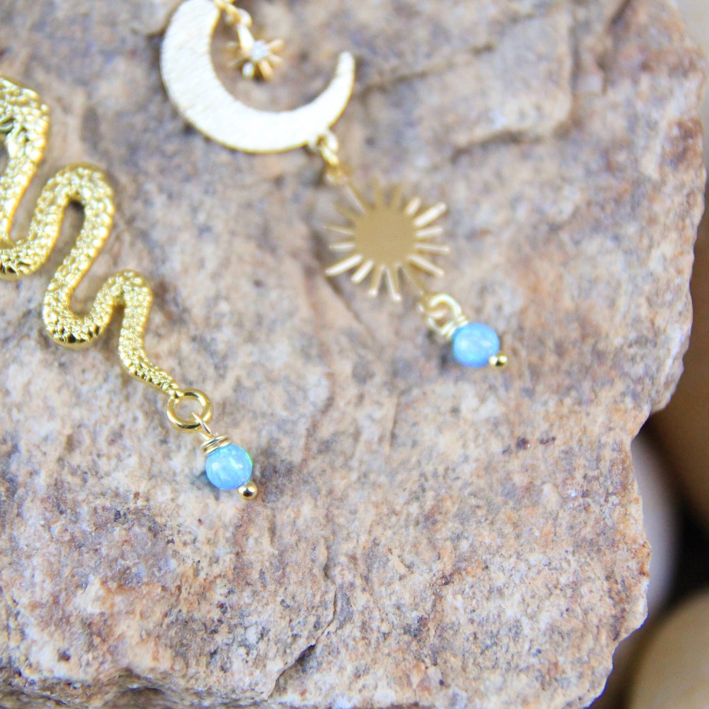 Blue Opal Celestial Snake Earrings with Sun, Moon, Stars