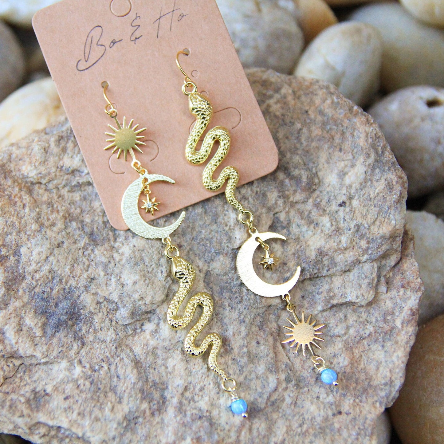 Blue Opal Celestial Snake Earrings with Sun, Moon, Stars