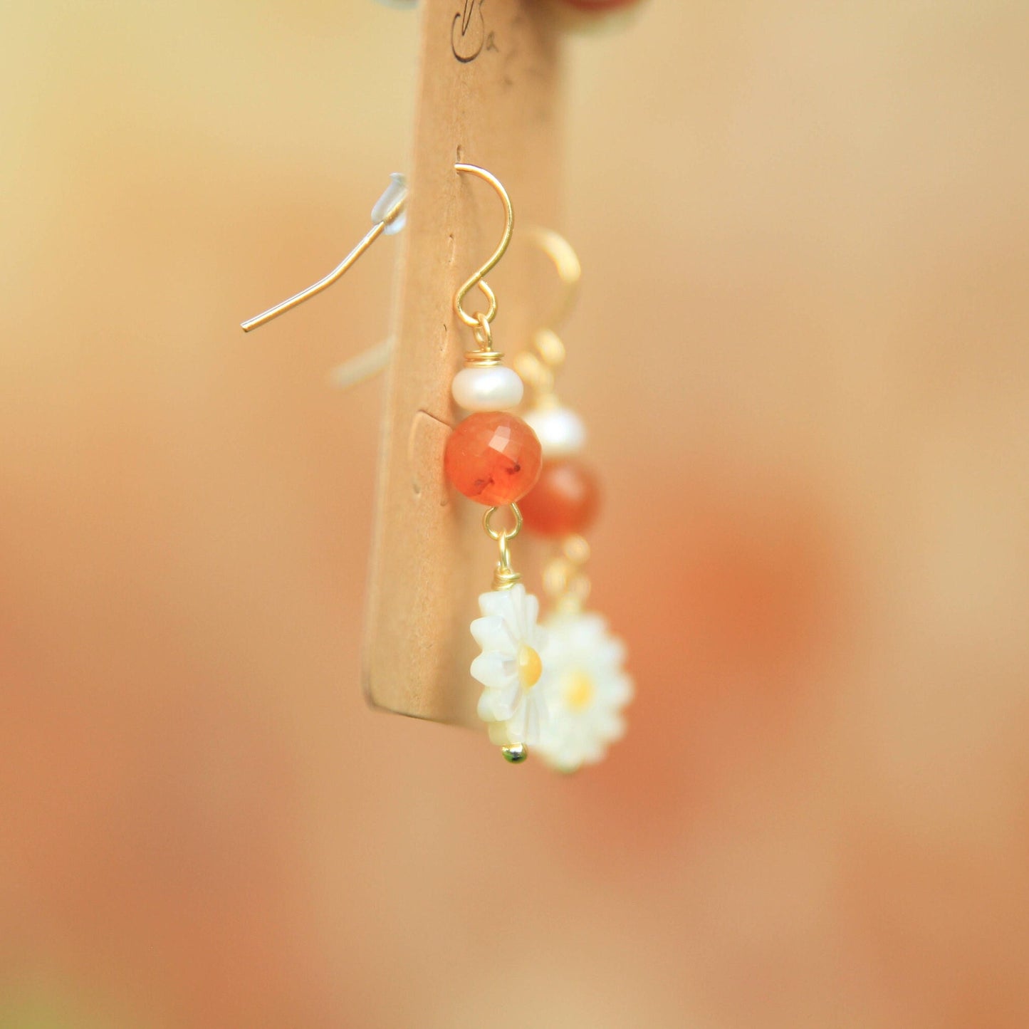 Carnelian, Pearl and Shell Daisy Earrings