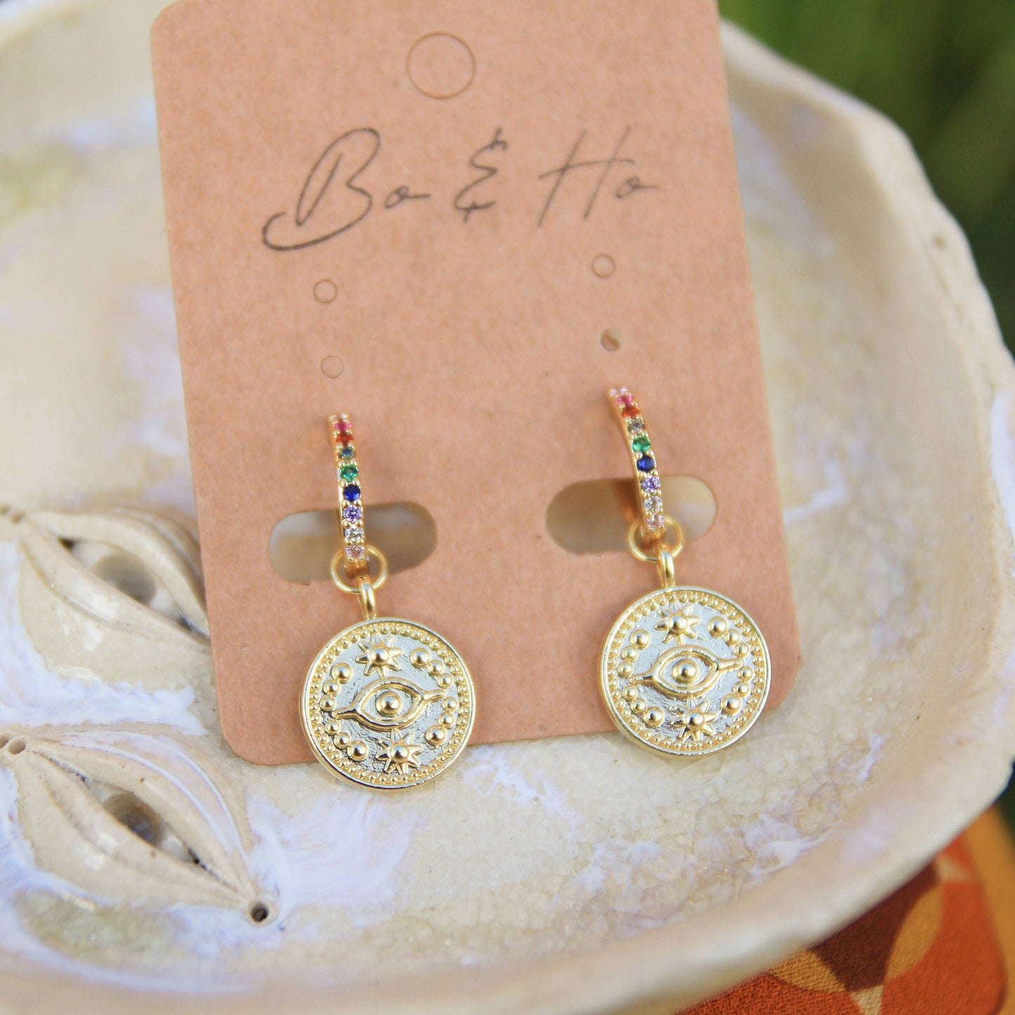 Rainbow Crystal Huggies with Eye Coins | Tarot Coin Earrings