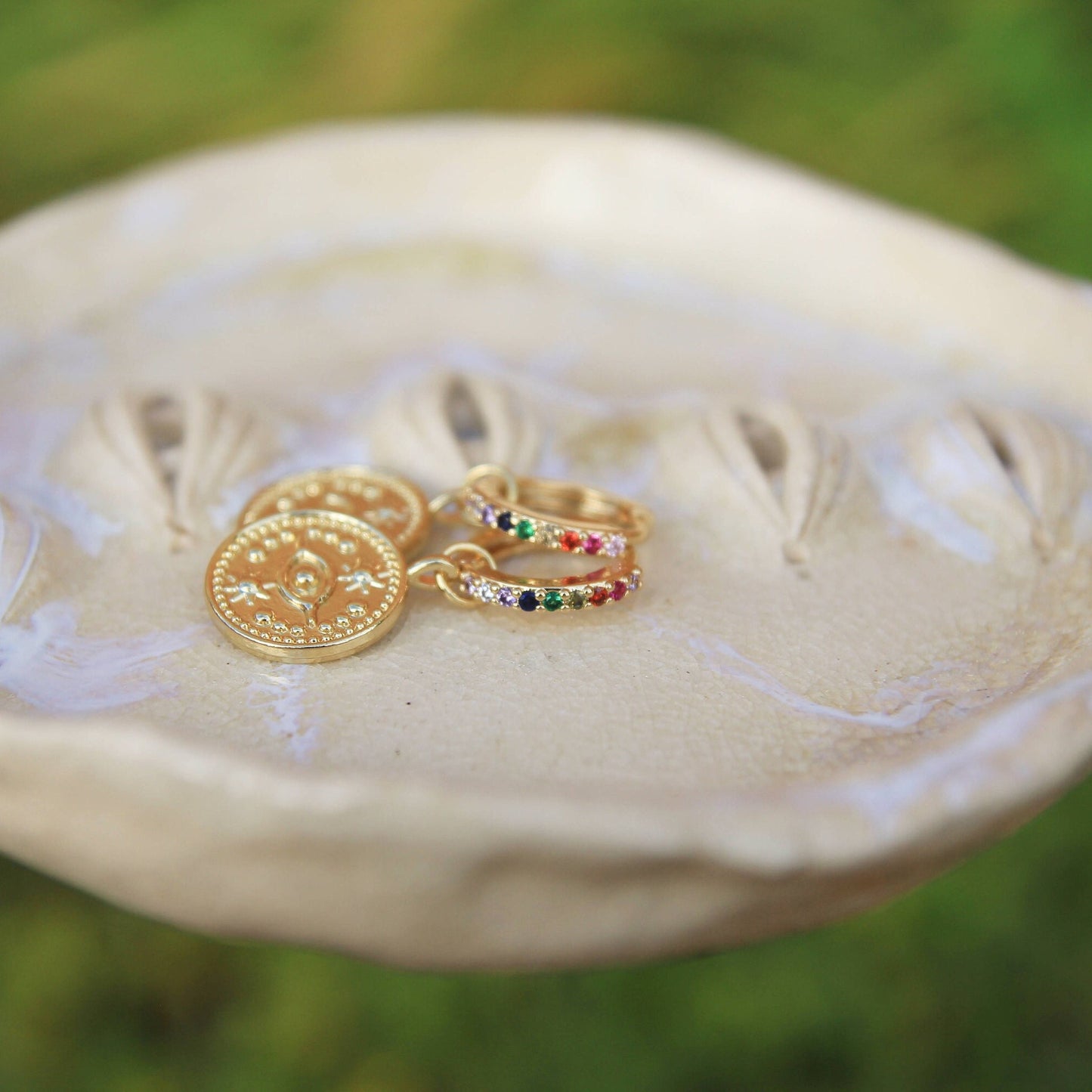 Rainbow Crystal Huggies with Eye Coins | Tarot Coin Earrings