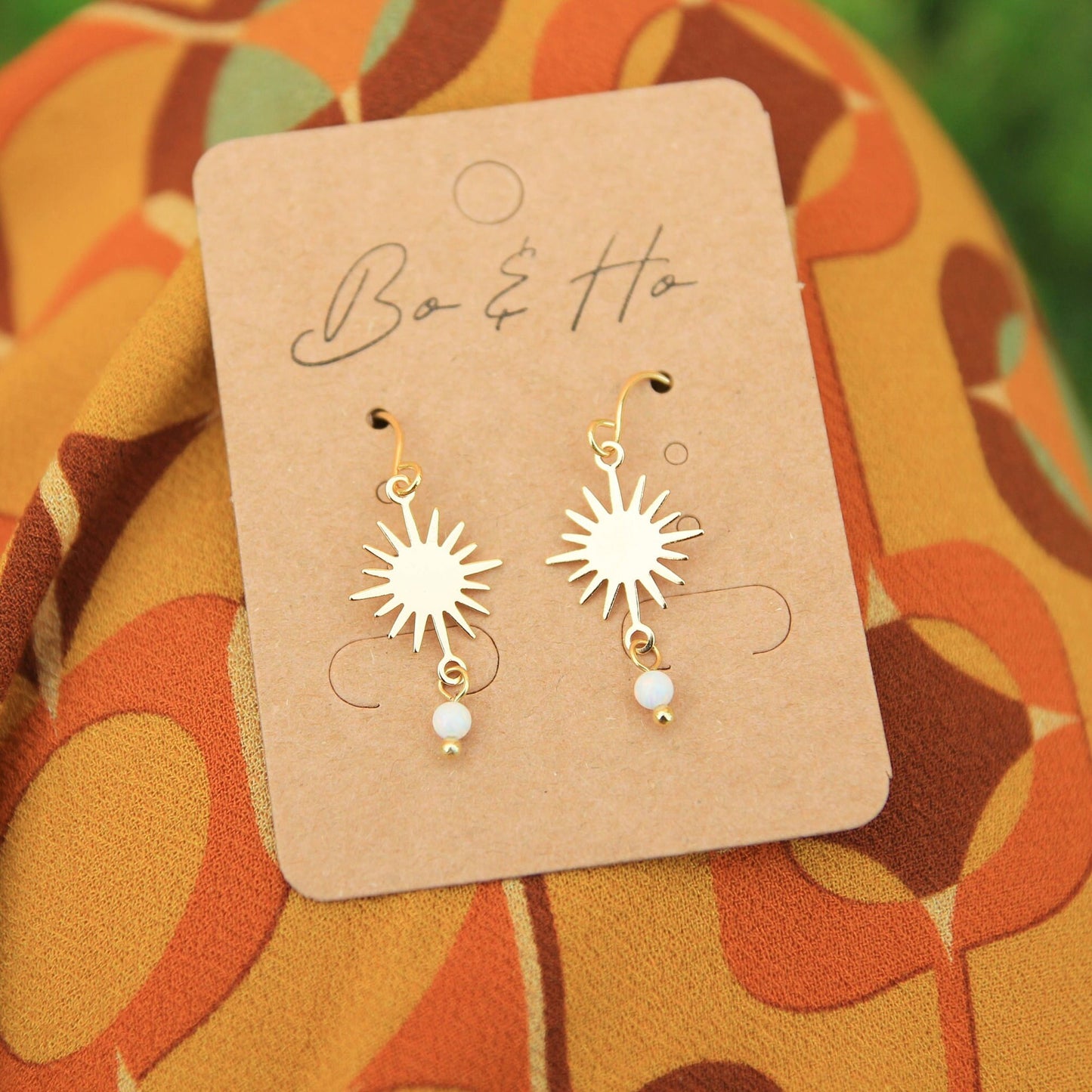 Gold Sun White Opal Earrings