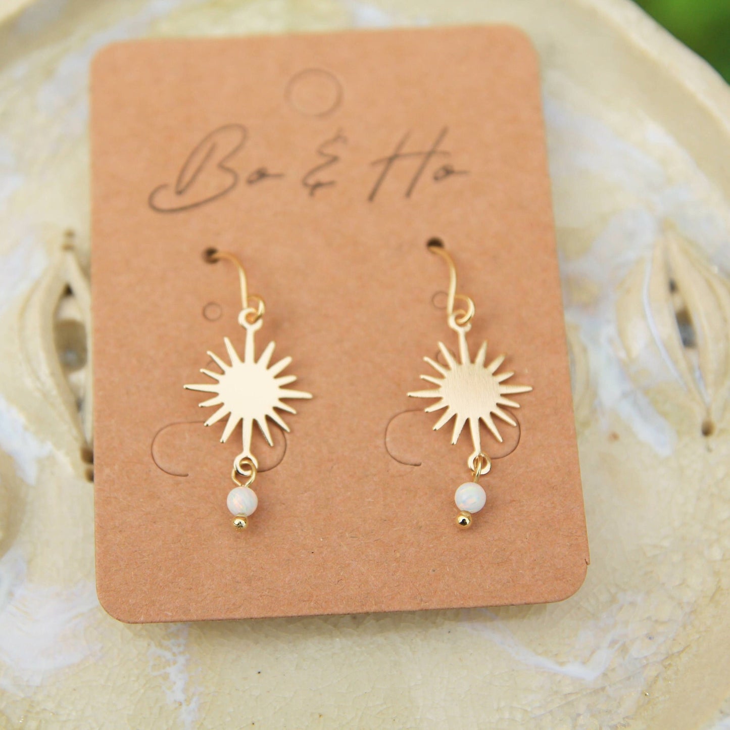Gold Sun White Opal Earrings