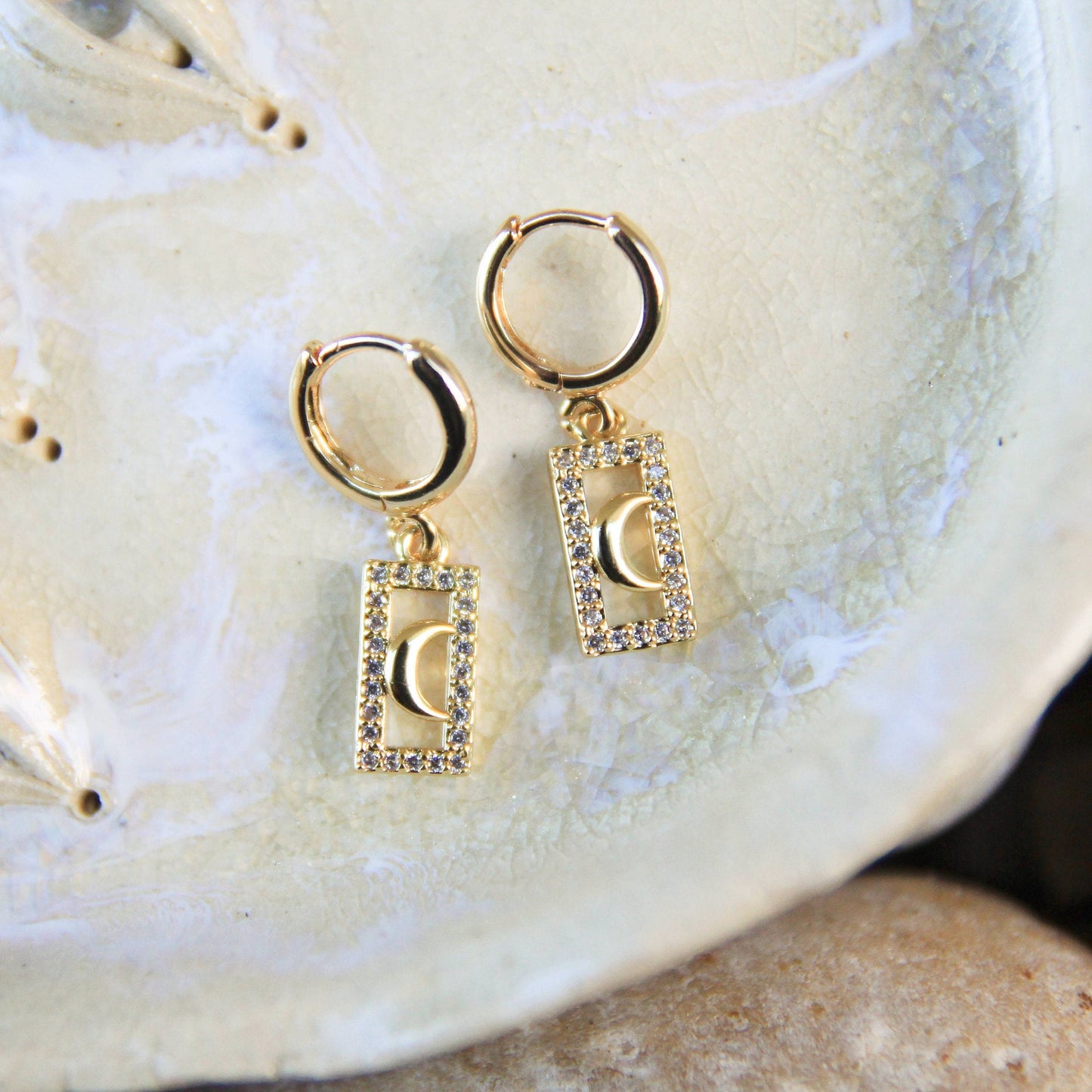 Rectangle Moon Cubic Zirconia Huggie Earrings