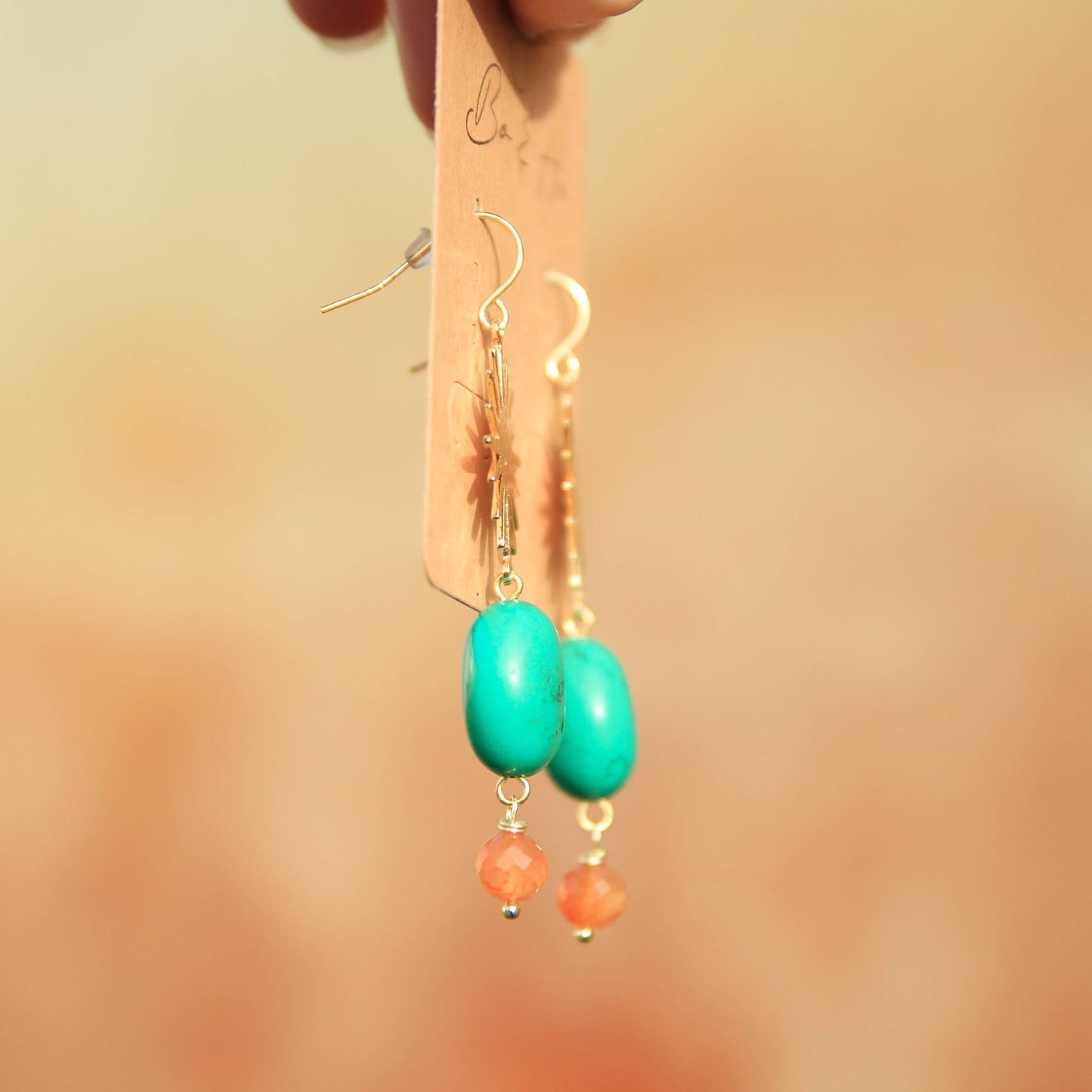 Gold Turquoise and Carnelian Sun Earrings