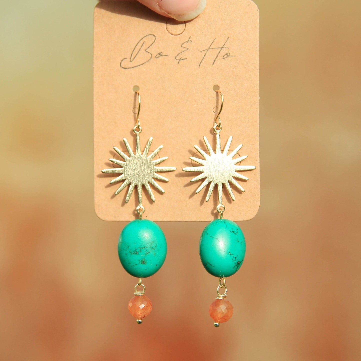 Gold Turquoise and Carnelian Sun Earrings