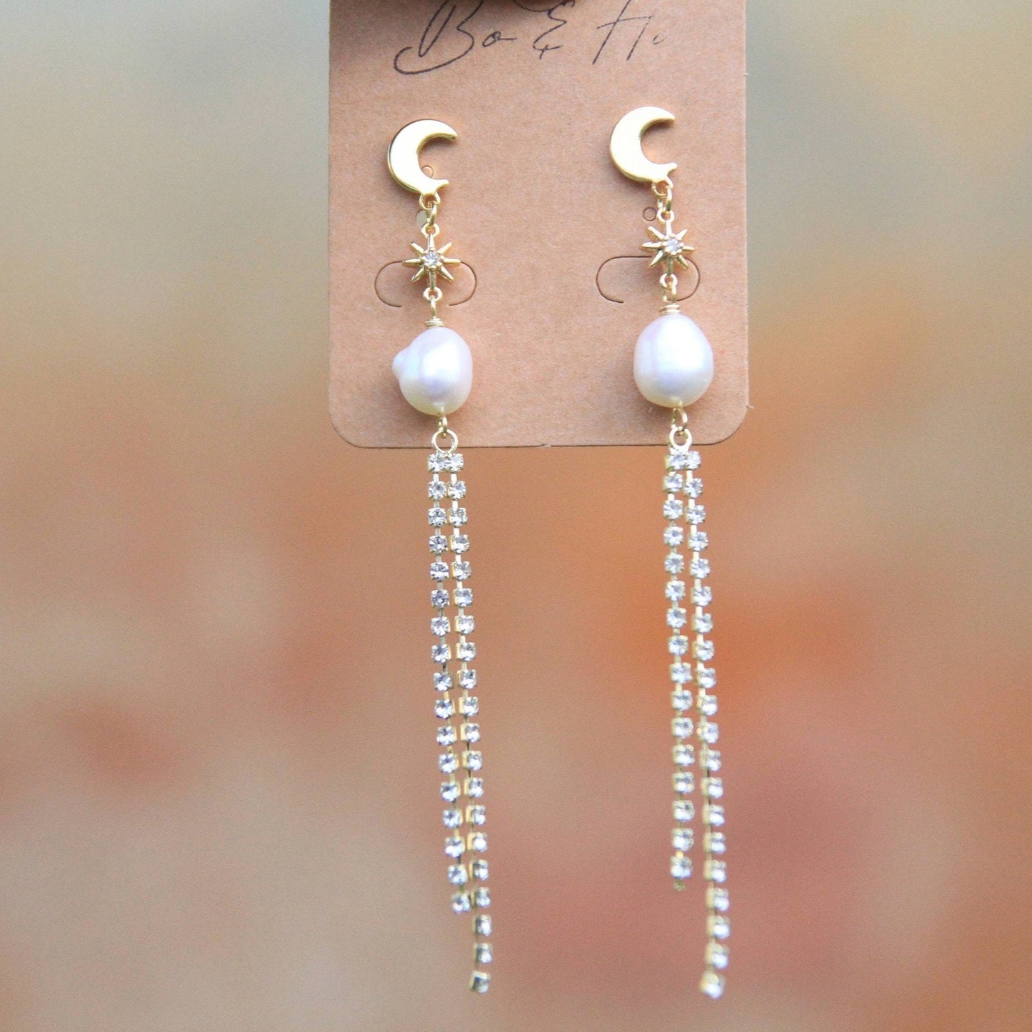 Pearl Star and Moon Cubic Zirconia Tassel Earrings