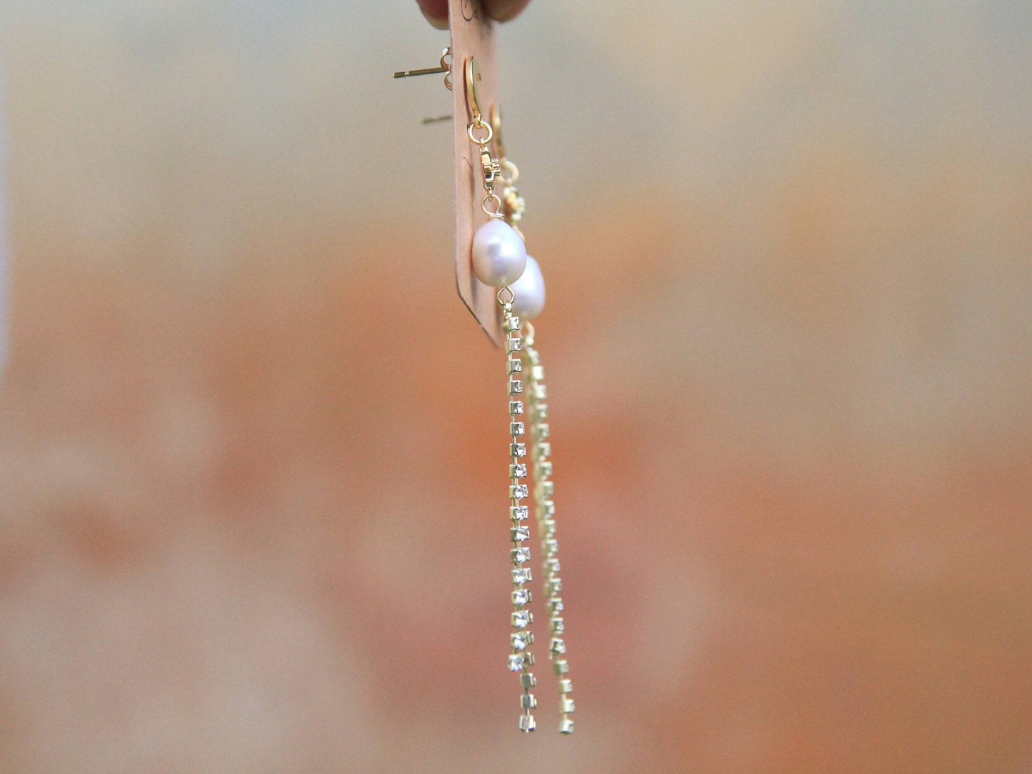 Pearl Star and Moon Cubic Zirconia Tassel Earrings