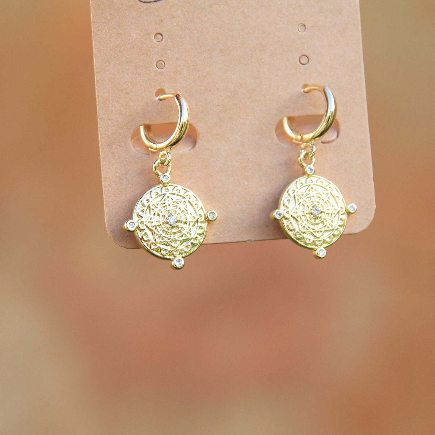 Gold Mandala Coin Huggies / Gold Mandala Huggie Hoop Earrings