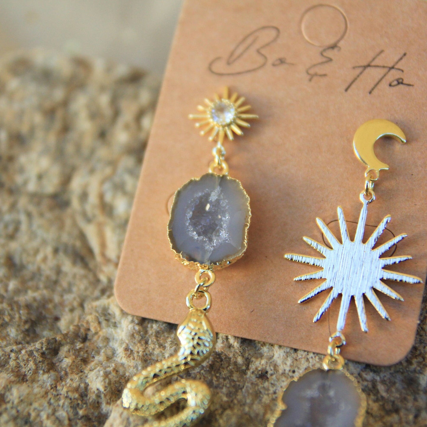 Emerald Asymmetric Geode Snake Earrings with Sun and Moon