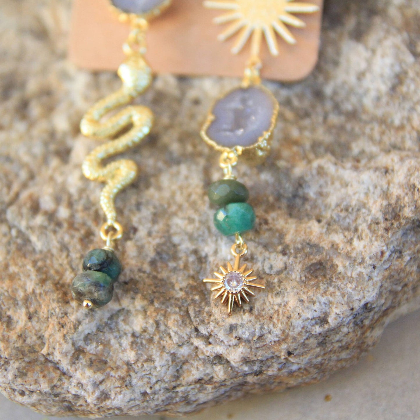 Emerald Asymmetric Geode Snake Earrings with Sun and Moon