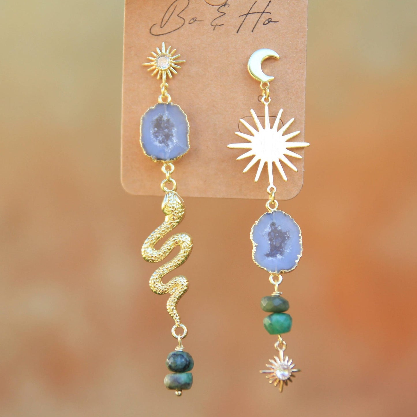 Emerald Asymmetric Geode Snake Earrings with Sun and Moon