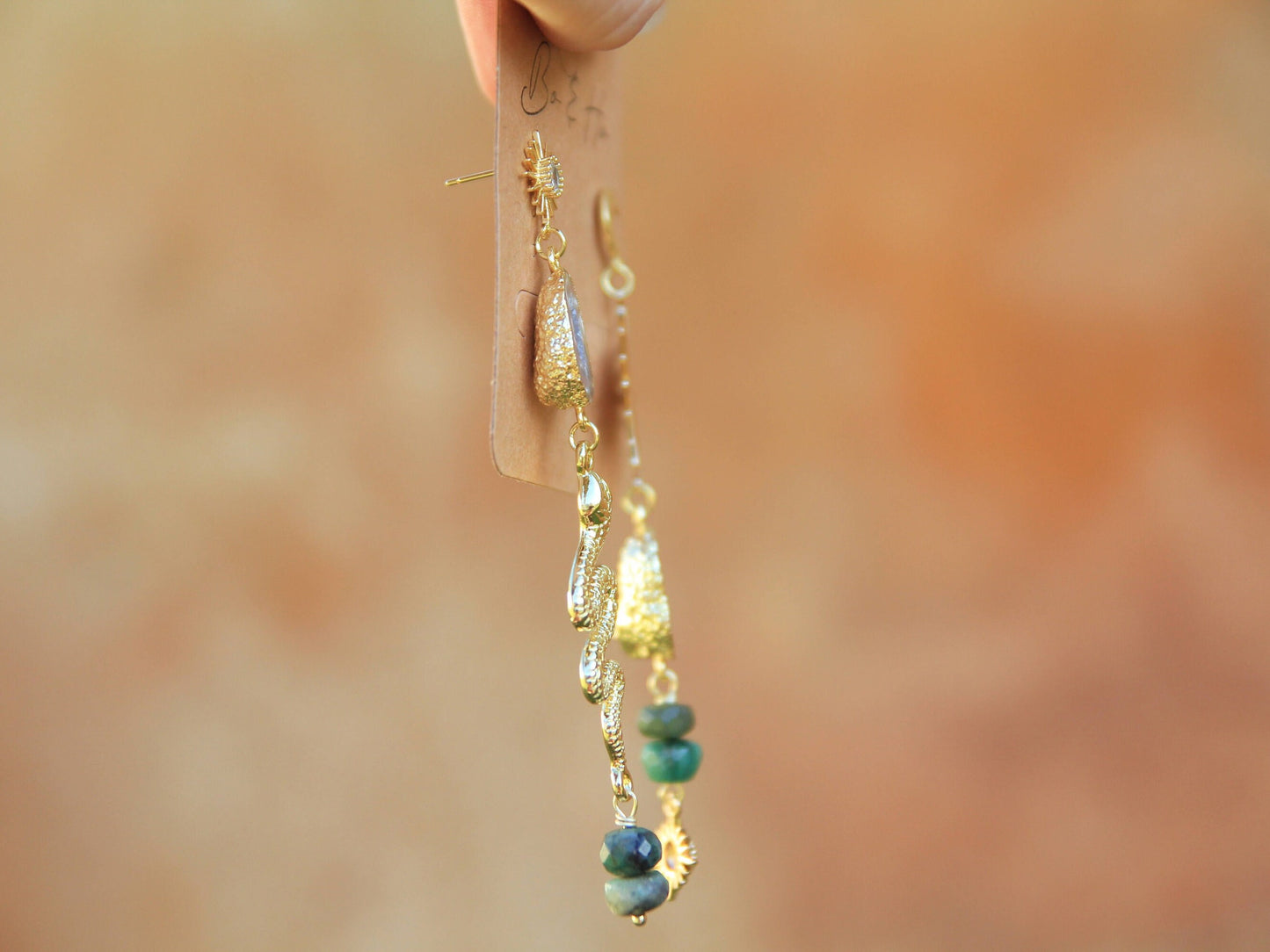 Emerald Asymmetric Geode Snake Earrings with Sun and Moon