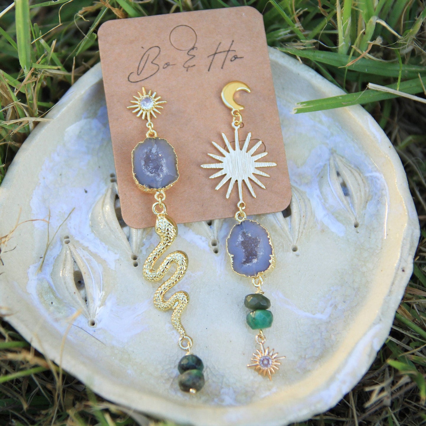 Emerald Asymmetric Geode Snake Earrings with Sun and Moon