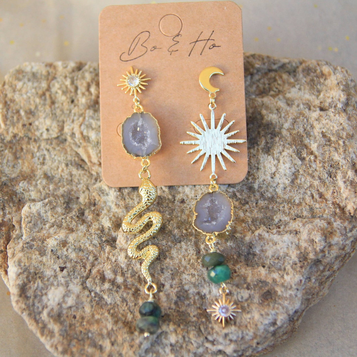 Emerald Asymmetric Geode Snake Earrings with Sun and Moon