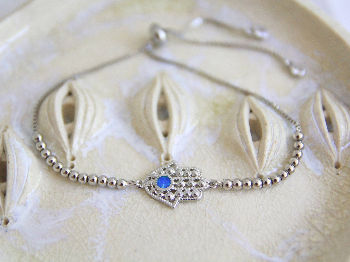 Silver Opal Hamsa Hand Bracelet